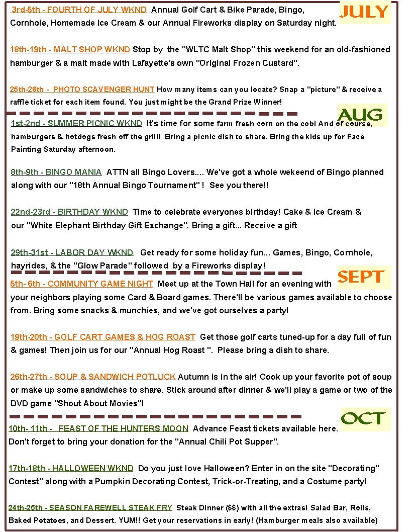 WLTC July thru Oct activities